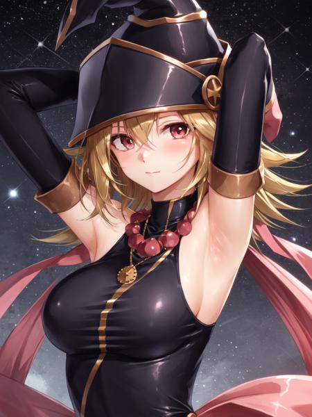 <lora:Gagaga_Girl-10:0.8>, gagaga girl, 1girl, solo, long hair, breasts, looking at viewer, blush, bangs, large breasts, gloves, hat, hair between eyes, bare shoulders, jewelry, closed mouth, upper body, detached sleeves, sleeveless, black gloves, elbow gloves, armpits, necklace, arms up, cosmic mesh background, eyes visible through hair, taut clothes, duel monster, taut shirt, wizard hat