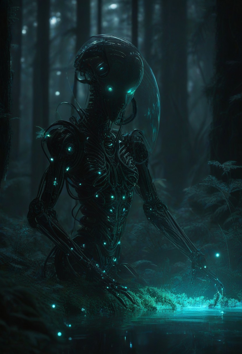 Ultrarealistic. sharp focus, dynamic lighting. play of light, reflection, refraction, Raytracing, Ultra detailed. Alien themed. Alien scenery. alien scenery background. alienworld. A gorgeous female robot in an alien forest. surrounded by ice.enchanting, cosmic, celestial, ethereal, vibrant flora, magical, luminous, serene, dreamy, radiant, bioluminescent, intricate details, surreal, enchanted forest