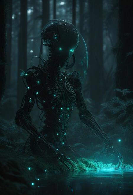 Ultrarealistic. sharp focus, dynamic lighting. play of light, reflection, refraction, Raytracing, Ultra detailed. Alien themed. Alien scenery. alien scenery background. alienworld. A gorgeous female robot in an alien forest. surrounded by ice.enchanting, cosmic, celestial, ethereal, vibrant flora, magical, luminous, serene, dreamy, radiant, bioluminescent, intricate details, surreal, enchanted forest