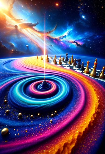 sandswirl, swirling sand, 
In the boundless reaches of the Celestial Realm, adrift amidst the infinite sea of stars, there exists a board of unfathomable size—a Cosmic Chess set, wrought by the hands of divine artisans eons past. Its surface spans entire solar systems, each square a miniature galaxy unto itself.
Here gather the Primordial Players, beings of pure energy given corporeal form by the sheer weight of their existence. Albus, Lord of Light, resplendent in robes woven from stellar plasma; Obsidia, Queen of Darkness, cloaked in shadow-stuff darker than the void between worlds.
With movements measured and deliberate, they wage war upon this grand stage. Galaxies collide and fragment, birthing new wonders with each passing turn. Nebulae blossom into being, painting the tapestry of spacetime with hues undreamt-of by mortal minds.
3d-rendering, concept-art, digital, dreaminess, futuristic, multimedia, virtual-reality, 
eeriness, fantasy, other-worldliness, science-fiction, surreal, 
colorful, sci-fi style, technological, alien worlds, space themes, advanced civilizations, 
best quality, masterpiece, aesthetic, intricate details, highly detailed, ultra-detailed, absurdres, unreal engine, octane rendering, high contrast, vivid, vibrant, volumetric lighting, sharp focus,