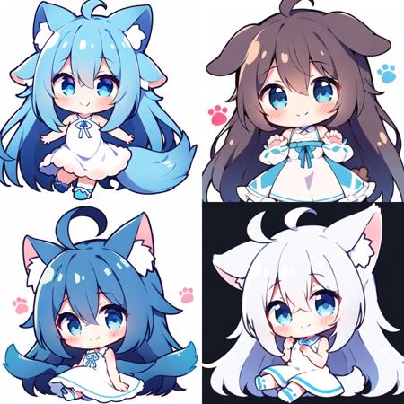 1girl, animal ears, animal, closed mouth, hair between eyes, tail, dress, long hair, smile, blue eyes, blush, bangs, chibi, blue footwear, very long hair, white dress, ahoge, white background, solo, animal ear fluff, dog, bare shoulders