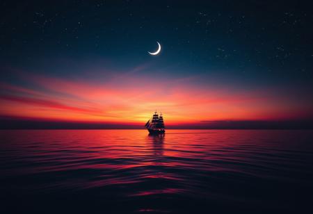 A majestic cinematic shot frames the lone ship gliding across the deep blue ocean, against the breathtaking backdrop of a fiery orange-pink sunset dissolving into inky blackness. The crescent moon casts a soft glow, illuminating the bioluminescent water's shimmer. The vast ocean and celestial sky evoke tranquility, wonder, and awe, while the solitary ship adds mystery and adventure, inviting the viewer to embark on a fantastical journey across the starry sea.