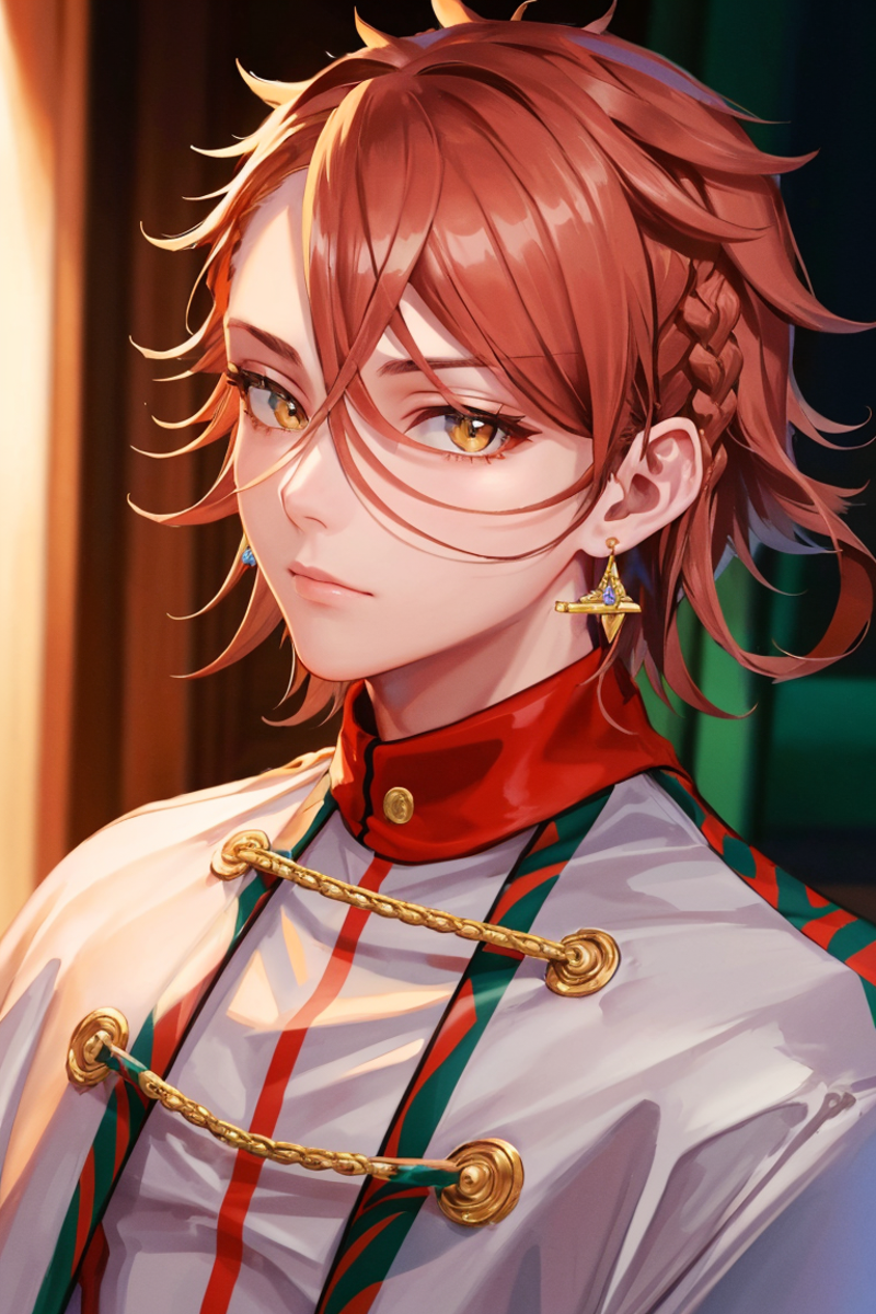 (highly detailed:1.3),
pandreo fe, looking at viewer, short hair, closed mouth, long sleeves, jewelry, upper body, braid, ...