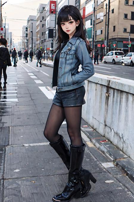 (masterpiece:1.2, best quality), (realistic line art, muted colors, intricate details), 1girl, solo, full body,
 Clothes:  (denim jacket:1.1), black short shorts, pantyhose, kendolllegver, boots, latex,
Appearance: blunt bangs, bangs, long hair, black hair , natural makeup, 
Behavior: free-spirited, spontaneous, social, hands in pockets, 
Location: tokyo city, urban street, winter, <lora:legver:0.8>