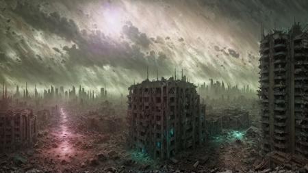 end of the world, epic realistic, ((((hdr)))), ((((muted colors)))), apocalypse, abandoned, neutral colors, night, screen space refractions, (intricate details), ((intricate details, hyperdetailed)), artstation, cinematic shot, vignette, complex background, [[teal and orange]], technicolor, flipped over building