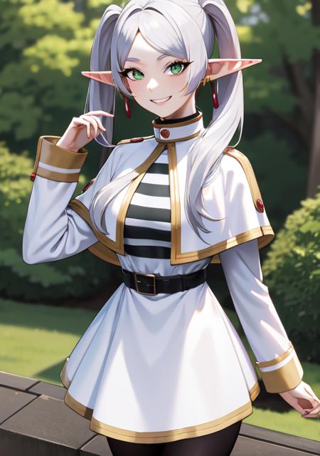 <lora:frieren:0.7>, frieren, 1girl, solo, long hair, breasts, looking at viewer, smile, bangs, long sleeves, dress, twintails, jewelry, green eyes, grey hair, pantyhose, cowboy shot, earrings, outdoors, parted lips, day, pointy ears, striped, belt, white dress, grin, arm up, black pantyhose, capelet, elf, arm behind back, black belt, white capelet ,