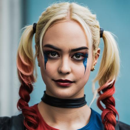 High res portrait photo of an actress dressed as Harley Quinn, f /2.8, Canon, 85mm,cinematic, high quality, skin texture, looking at the camera,   <lora:ceaton_xl_1_standard-merger_73_83_07_03:1>