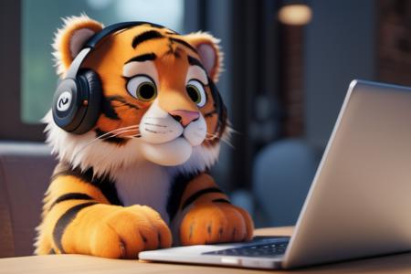 a tiger wearing headphones sitting in front of a laptop in a startup environment, 3d, cute, cute big circular reflective eyes, long fuzzy fur, Pixar render, unreal engine cinematic smooth, intricate detail, cinematic