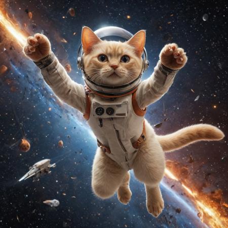 (masterpiece:1.3), (highly detailed: 1.3), (best quality:1.3), a cinematic image of a cat flying in outer space, flame-point Siamese, cream-colored body, orange face and tail and ears and feet, wearing a space helmet, action shot, wide-angle, cinematic backdrop, background with rocket ship and stars and galaxy, sharp focus, dynamic lighting, lens flare, sci-fi, vibrant color, high contrast image, 8k, sharp, cinematic masterpiece, depth of field