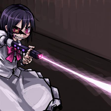 (ageha in magical girl costume firing her lazer), (ageha, monstergirl, by Ray-kbys, unusual eye, extra pupils, sharp teeth, extra arms, tentacles), magical girl, pink costume, magical wand, magical circle, lazer attack casting magic, red ray attack, mahou shoujo,