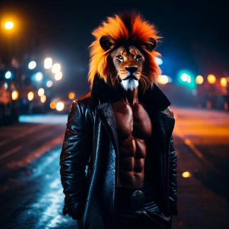 street city, a portrait, outfit, creature, dressed gritty, in costume lion, rave solo, building, night, standing jacket, outdoors, focus, 2 the full muppet, with fur, coat stylish as gritty guy using 1boy, at super rave, image, man realistic standing, dead costume, lion for wild d blurry, orange fuzzy glowing male body by artgerm, concept art, trending on artstation, cgs