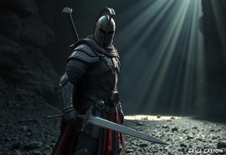 Epic Raider's Knight, crimson obsidian plate armor, visored helm, gleaming sword, weathered shield. Commanding pose in a desolate ash wasteland before a shadowed cavern entrance. Cinematic, dramatic god rays, gritty atmosphere. Octane render, Unreal Engine 5, trending on Artstation, CGSociety, photorealistic, volumetric lighting, detailed texture, sharp focus, deep shadows, dynamic pose, epic composition, 4K.