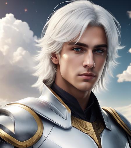 ((masterpiece, best quality)), very handsome man in the center, wearing a large and gleaming white armor, white hair and golden eyes, looking at the viewer, distant expression, luminous clouds in the background,