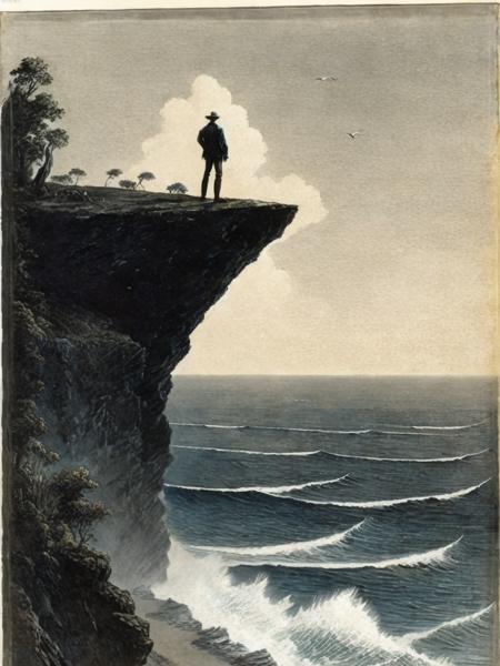 <lora:GustaveDor:1>an illustration of a man standing on the edge of a cliff looking at the ocean by Gustave Dor