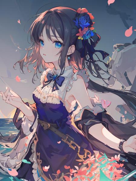 (Masterpiece, best quality:1.4), (ultra-detailed),illustration,depth of field,ray tracing, beautiful detail eyes, 1girl, solo,staying in water, wet dress, beautiful detailed sky, flying splashes, flying petals, realistic,aquagradient eyes,