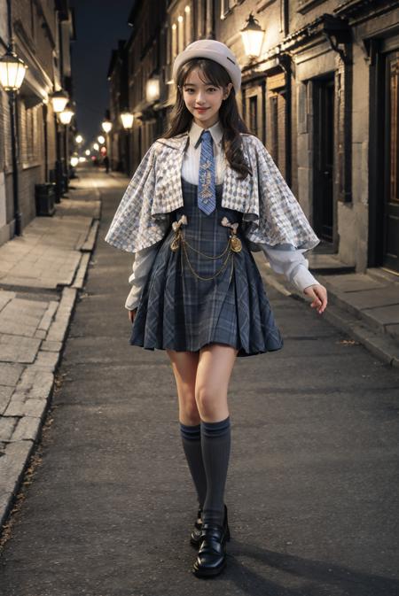 realistic, photorealistic, masterpiece, absurdres, incredibly absurdres, extremely detailed, best quality, mcostume, hat, kneehighs, full body, 1girl, solo, black hair, light smile, looking at viewer, detailed background, standing, classical european town, night, dramatic lighting, <lora:magic_costume_v1:0.7>