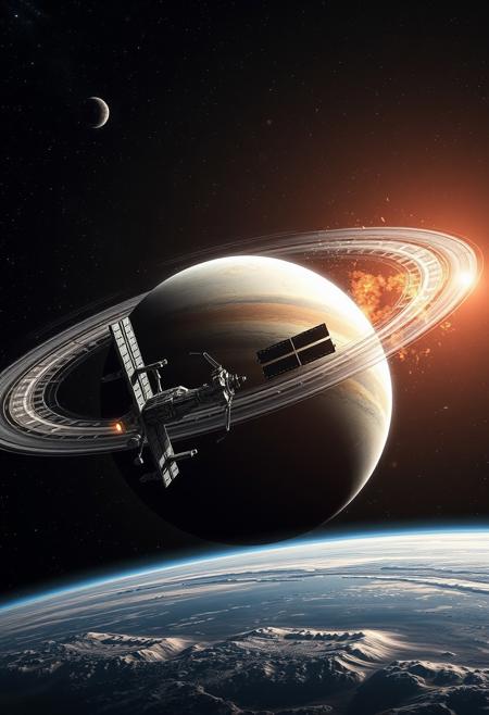 realistic, a planet in space rotates a space station, the planet is destroyed by a collision