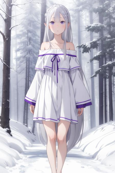 <lora:ä»é¶åé4V-000007:0.8>,ç±èèé,1girl,emilia (re:zero),pointy ears,grey hair,white hair,very long hair,blunt bangs,purple eyes,crown braid,sidelocks,x hair ornament,hair flower,purple ribbon,very long hair,expressionless, 
<lora:add_detail:0.3>,<lora:è°æ´colorful_V1_lbw:0.3>,indoors,standing,barefoot,
å¥è£ä¸,collarbone,ribbon trim,white dress,bare legs,off shoulder,èé¥°æ½å¤æ,nature,forest,phosphophyllite,snow,white theme,, Exquisite visuals, high-definition,masterpiece,best quality,Exquisite visuals,high-definition,masterpiece,best quality,18yo,Young female,Beautiful Fingers,Beautiful long legs,Beautiful body,Beautiful character design,