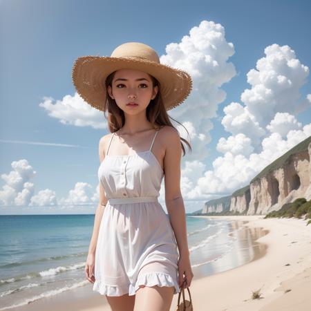 masterpiece, absurdres, high quality, realistic,
1girl, medium hair, (muscular:0.5), white dress, straw hat,
clouds, rock, water, sand, outdoors