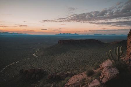 raw photo, a sunset landscape, Arizona desert, Saguaro Cactus, Tall Mesa,  cozy, photorealistic, high detailed texture, 8k uhd, dslr, soft lighting, high quality, film grain, Fujifilm XT3, Sony A7 IV, highly detailed photography, (muted colors, cinematic, dim colors, soothing tones:1.2), vibrant, insanely detailed, hyperdetailed, (dark shot:1.2), (vsco:0.3), (intricate details:0.9), (hdr, hyperdetailed:1.2) (highest coherency: 1.39) (highest quality: 1.39) (rule of Thirds) (award winning) (breathtaking) (masterclass) (vibrant color: 0.79) (distant hillside) (tall cliffs in distance; 1.19)