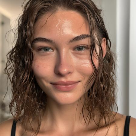 Portrait photo of a young woman with wet-looking lips smirking at the camera, Nikon Z9, realistic matte skin, skin texture visible, (sharp focus), (high quality)