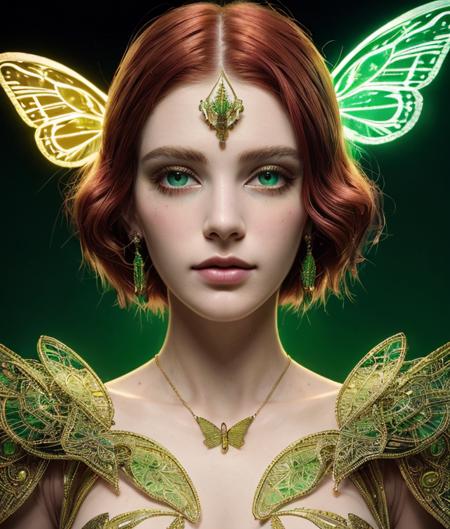 8k portrait of beautiful cyborg with white red gradient hair, intricate, elegant, highly detailed, majestic, golden, surreal painting green lights butterfly filigree, broken glass, (masterpiece, sidelighting, finely detailed beautiful eyes: 1.2), hdr,<lora:lora_RealisticFined:1.8>