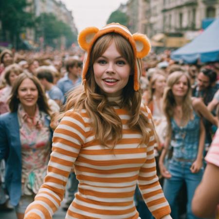 anastasia_shcheglova, <lora:AnastasiaShcheglovaXL:1>, wearing a striped monkey costume, dancing and jumping in a crowd of hippies at a 1970s street parade, ((sharp face, detailed face, realistic face, naturtal skin, realistic skin, detailed skin, pores)), ((perfect eyes, detailed eyes,realistic eyes))