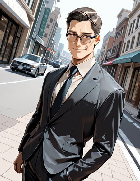 8K,absurdres,very aesthetic,masterpiece,highly_detailed,best_quality,newest,1boy,brown hair,facing viewer,brown eyes,suit,tie,pants,street,smile,dutch angle,black eyewear,<lora:Gentlemans_Cut_ILLUSTRIOUS_Classic_Hairstyle:1.5>,