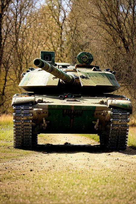 tank, 1tank. day light, full view, red lights., green plain., close view.