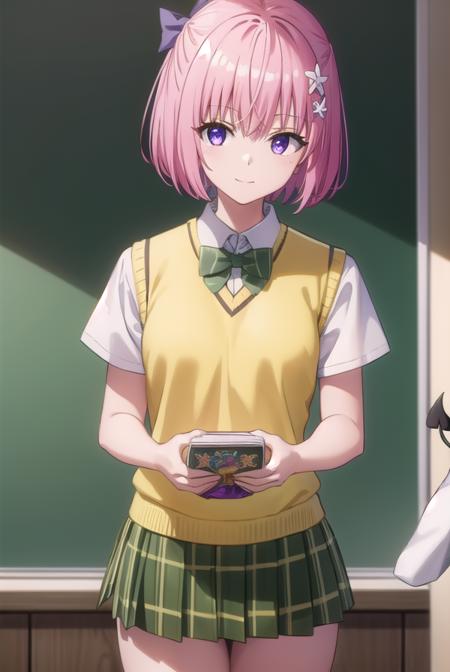 momodevilluke, <lora:momo deviluke darkness-lora-nochekaiser:1>,
momo deviluke, demon tail, hair flower, hair ornament, (purple eyes:1.1), pink hair, short hair, tail, smile,
BREAK demon tail, green skirt, plaid, plaid skirt, sainan high school uniform, school uniform, skirt, sweater vest, thighhighs, (yellow sweater:1.5), short sleeves, bow, (green bow:1.5),
BREAK indoors, classroom,
BREAK looking at viewer, (cowboy shot:1.5),
BREAK <lyco:GoodHands-beta2:1>, (masterpiece:1.2), best quality, high resolution, unity 8k wallpaper, (illustration:0.8), (beautiful detailed eyes:1.6), extremely detailed face, perfect lighting, extremely detailed CG, (perfect hands, perfect anatomy),