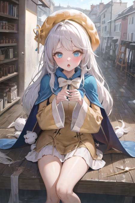 1girl, crkcreampuff, blue eyes, long hair, white hair, orange dress, blue cape, yellow headwear, wide sleeves, bow, bowtie, wand, (city:1.3), :o, embarrassed, blush <lora:creampuff_cookie:0.8>