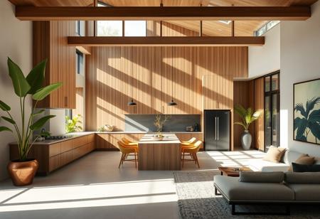 A serene Japandi kitchen and living room interior view, combining tropical elements with modern art movements such as post-painterly abstraction, hard-edge painting, and geometric abstraction. The design emphasizes structural clarity and dynamic composition, blending sculptural forms and geometric accents with a minimalist approach. Clean lines and open spaces enhance the calm atmosphere, while non-representational art introduces a sense of movement and depth.
Apply 60-30-10 rule: 60% primary color as light wood and earthy tone, 30% secondary color as light grey, 10% decoration color as mustard yellow, navy blue. The interior integrates natural materials like wood, bamboo, metal, fire, earth, and water. These materials are complemented by bold color fields and sharp-edged geometric forms that reflect the modern art influences. Calligraphy serves as a cultural touchpoint, subtly blending with the non-representational art to maintain the balance between tradition and modernity.
Sculptural forms are used to create focal points in the space, drawing attention to the dynamic contrasts between sharp geometric lines and organic materials. Natural light plays a crucial role, casting shadows across the minimalist interior and enhancing the interplay between solid, abstract forms and soft natural textures. The overall design balances simplicity with artistic expression, resulting in a tranquil yet visually stimulating duplex interior that merges tradition with modern art.