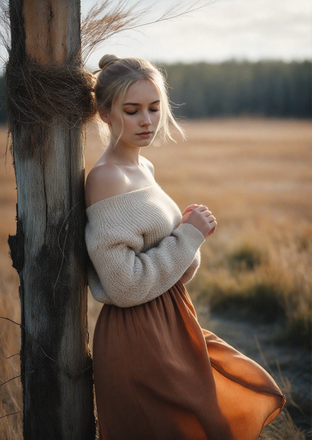 Ethereal portrait of a young Norwegian girl in a rustic, overgrown field during autumn, leaning gently on a weathered wooden post, eyes closed, soft expression. Blonde hair in a loose bun with delicate wisps, wearing an off-the-shoulder beige sweater and a flowing burnt-orange skirt. Surrounded by dried plants and bare branches, moody atmosphere, muted earthy tones, soft sunlight rays, shallow depth of field, natural light, fine art photography, dreamy vintage look, 85mm lens, emotional and poetic mood