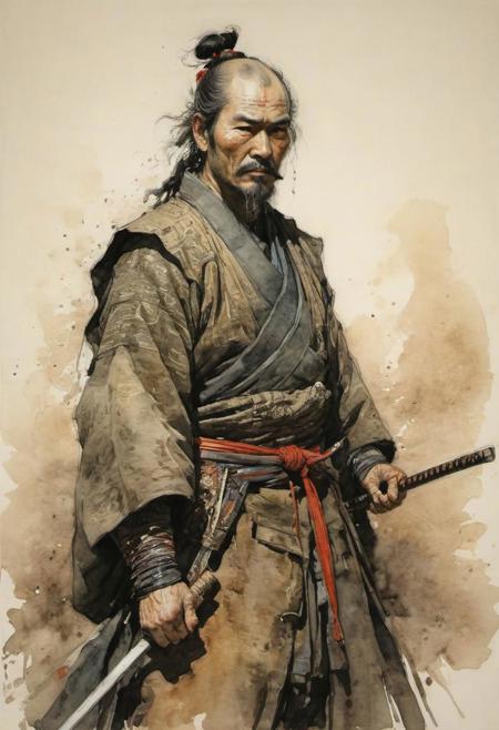 samurai, by Howard Pyle, (dim, Watercolor 2 but extremely beautiful:1.4), (intricate details, masterpiece, best quality:1.4) , in the style of nicola samori, Japanese Style Ink Drawing, ink drawing, ink-wash, Japanese Style Ink Drawing,, looking at viewer