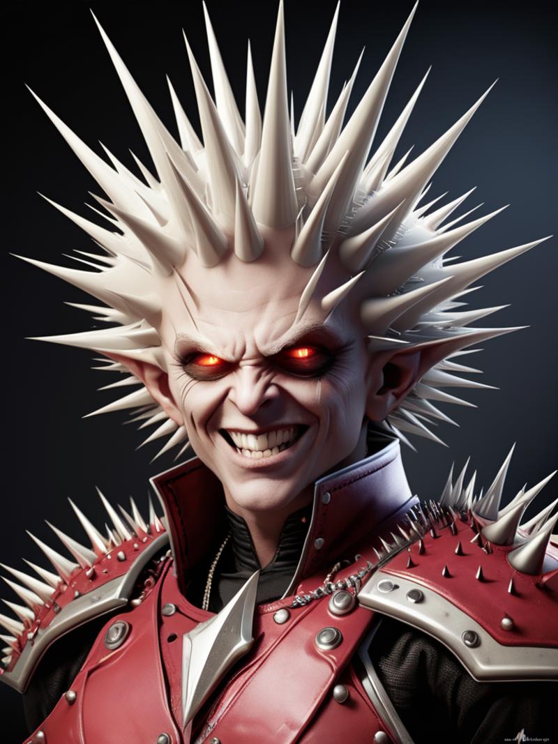 A digital art of a man with spikes on his head and a red and black jacket.