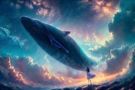 xuer Big whale, 1girl, whale, sky, long hair, star \(sky\), solo, dress, standing, starry sky, cloud, scenery, oversized animal, blue theme, night, outdoors, light particles, night sky, wide shot
<lora:~Q?-| xuer Big whale:0.8>