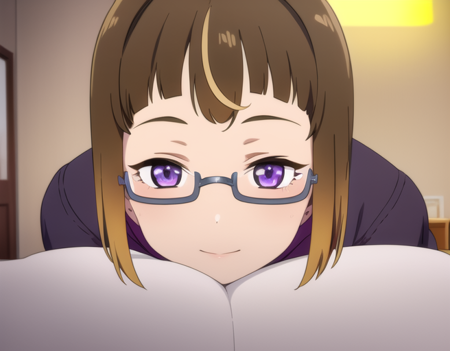 (best quality, masterpiece:1.4), detailed background, detailed face, detailed eye, 1girl, solo, <lora:aria-12:0.7>, (shibuya aria, brown hair, purple eyes, short hair), glasses, dress, on bed, lying, looking at viewer, pov