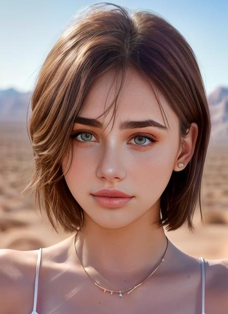 portrait of skswoman, sad , wearing runway fashion , with Layered haircut , background desert epic (photo, studio lighting, hard light, sony a7, 50 mm, matte skin, pores, colors, hyperdetailed, hyperrealistic), <lyco:Zianra Nicolaevna Kudryasheva:1.2>