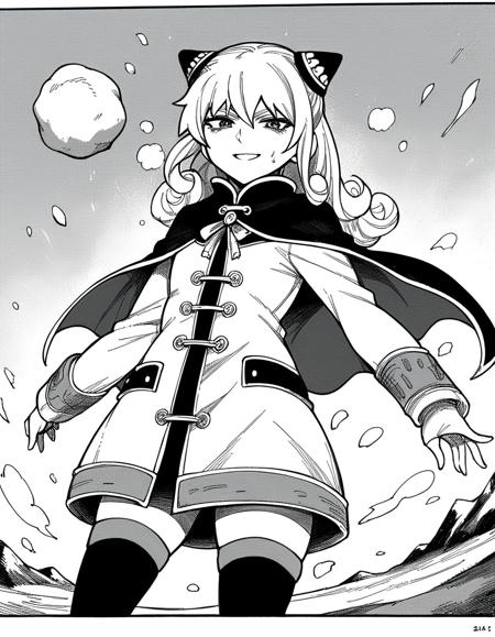 <lora:ashe-talton-manga-ponyxl-lora-nochekaiser:1>, rengoku ashe, long hair, greyscale, monochrome, thighhighs, long sleeves, capelet, cape, dress, white dress,