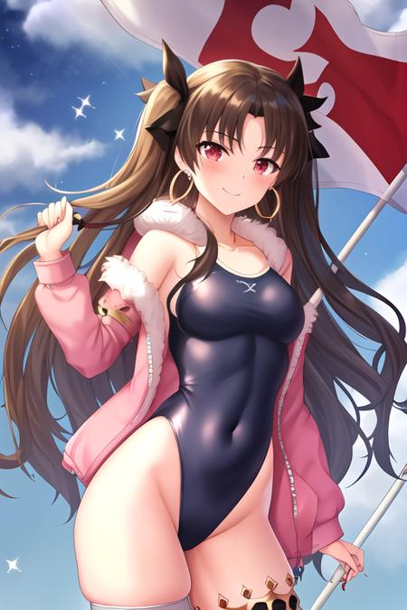 masterpiece, best quality, highres, solo, {ishtar_fgo:1.10}, long_hair, black_hair, two_side_up, red_eyes, jewelry, earrings, breasts, hoop_earrings, ribbon, bangs, smile, single_thighhigh, medium_breasts, hair_ribbon, armlet, parted_bangs, navel, 1girl, fur_trim, hood, jacket, long_sleeves, looking_at_viewer, one-piece_swimsuit, pink_jacket, swimsuit, thighhighs, white_one-piece_swimsuit, blush, closed_mouth, day, fur-trimmed_hood, pink_thighhighs, sky, blue_sky, bow, checkered_flag, covered_navel, flag, holding, holding_flag, hoodie, outdoors, blurry, casual_one-piece_swimsuit, cloud, cowboy_shot, frilled_thighhighs, fur-trimmed_legwear, hair_bow, highleg, highleg_swimsuit, hood_down, open_clothes, sparkle