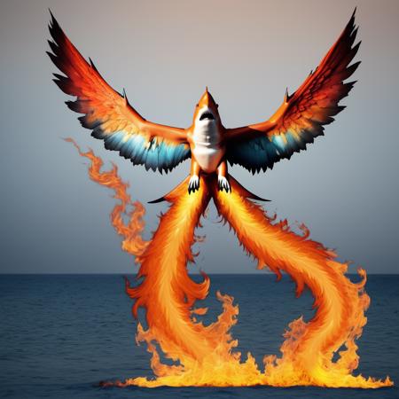 (half great white shark) half flaming phoenix, hybrid animal, flaming wings, <lora:Phoenix:0.62>