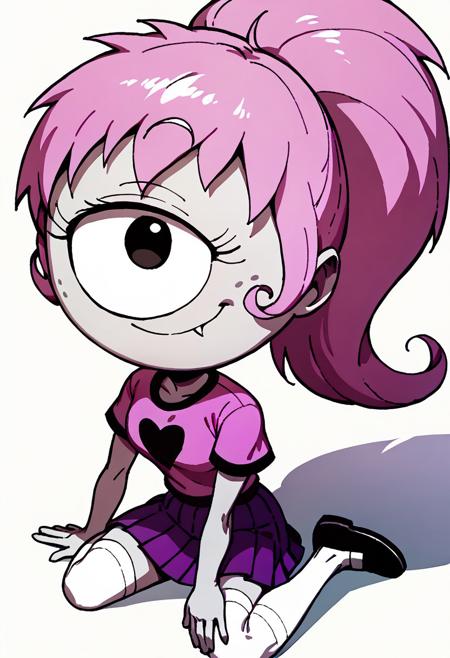 SimoneP, 1girl, pink hair, ponytail, black eye, one-eyed, cyclops, freckles, fangs short-sleeve pink shirt with purple-heart-logo pleated purple skirt white stockings black shoes <lora:SimoneP:1>