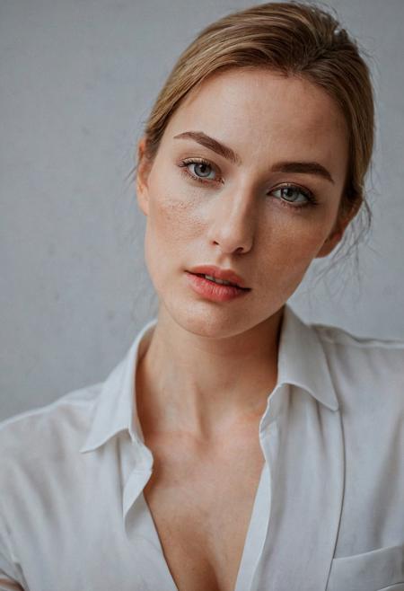 closeup photo of sensual East-European woman, cleavage, luxury office, early morning, (veins, skin pores, natural skin texture:0.55),