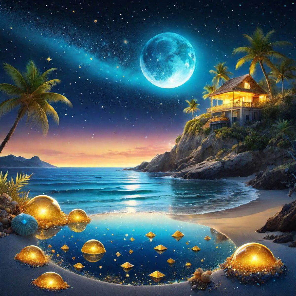 A painting with a house on a cliff, a beach, and a moon.