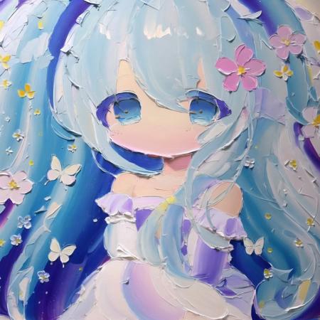 <lora:cute_oil:1>  chibi, cute oil , oil painting \(medium\), brush stroke, 1girl, animal, bangs, bare shoulders, blue dress, blue eyes, blue hair, blue sleeves, blush, bug, butterfly, closed mouth, cosplay, detached sleeves, dress, flower, grey background, hair ornament, highres, insect, juliet sleeves, klaius, long hair, long sleeves, looking at viewer, looking to the side, multicolored hair, one side up, puffy sleeves, purple flower, simple background, sleeveless, sleeveless dress, solo, squatting, streaked hair, uruha rushia \(cosplay\), virtual youtuber, white hair, wide sleeves