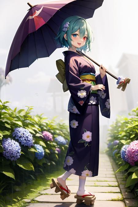 masterpiece, best quality, <lora:TataraKogasa:1>,vamirio, 1girl, solo, flower, holding, tatara kogasa, umbrella, blue hair, red eyes, blue eyes, heterochromia, short hair, kimono, japanese clothes, full body, hair flower, long sleeves, tongue, looking at viewer, holding umbrella, hair ornament, standing, wide sleeves, bangs, geta, purple umbrella, sash, hair between eyes, blue kimono, tongue out, alternate costume, rain, hydrangea, breasts, obi, white background, blue flower, karakasa obake, smile, open mouth, :p, sandals, medium breasts, purple flower, oil-paper umbrella, blush, white socks, socks