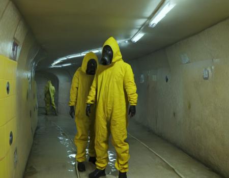 two humans meets strange horror (creature: 3), humans wearing yellow hazmat suit and gazmask pictured in weirdcore aesthetic style, (gigantic), (open) liminal space underground with (slides:2) and flooded and tiles on the walls, weird, distorted <lora:weirdcore_v3-000006:1>