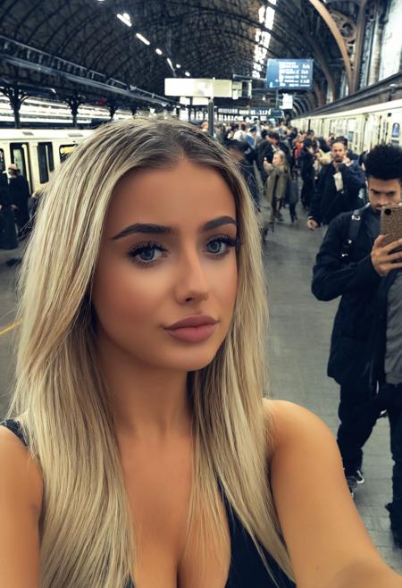 chvnmxlrd, 1girl, solo, holding, selfie, looking at phone 24 year old, hair, breasts, eyes, best quality, RAW photo, subject, 8k uhd, high quality, photorealistic, privileged, A tearful reunion at a train station, one lover waiting while the other runs to embrace them, Leading lines shot <lora:chvnmXLrd:1>