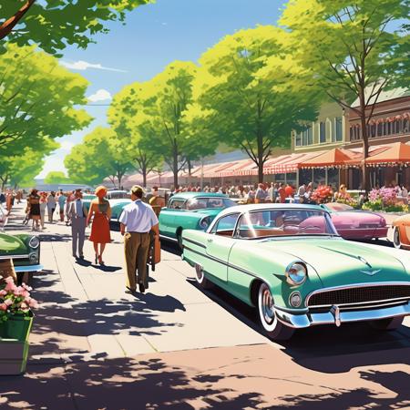 A classic car show set in the 1960s. Vintage cars in pristine condition line a sunny, tree-lined street. Spectators in period-appropriate attire admire the vehicles, and a retro diner sits in the background