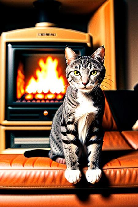 a cat smoking a cigar, sitting on black couch, fireplace,<lora:vhs:1>